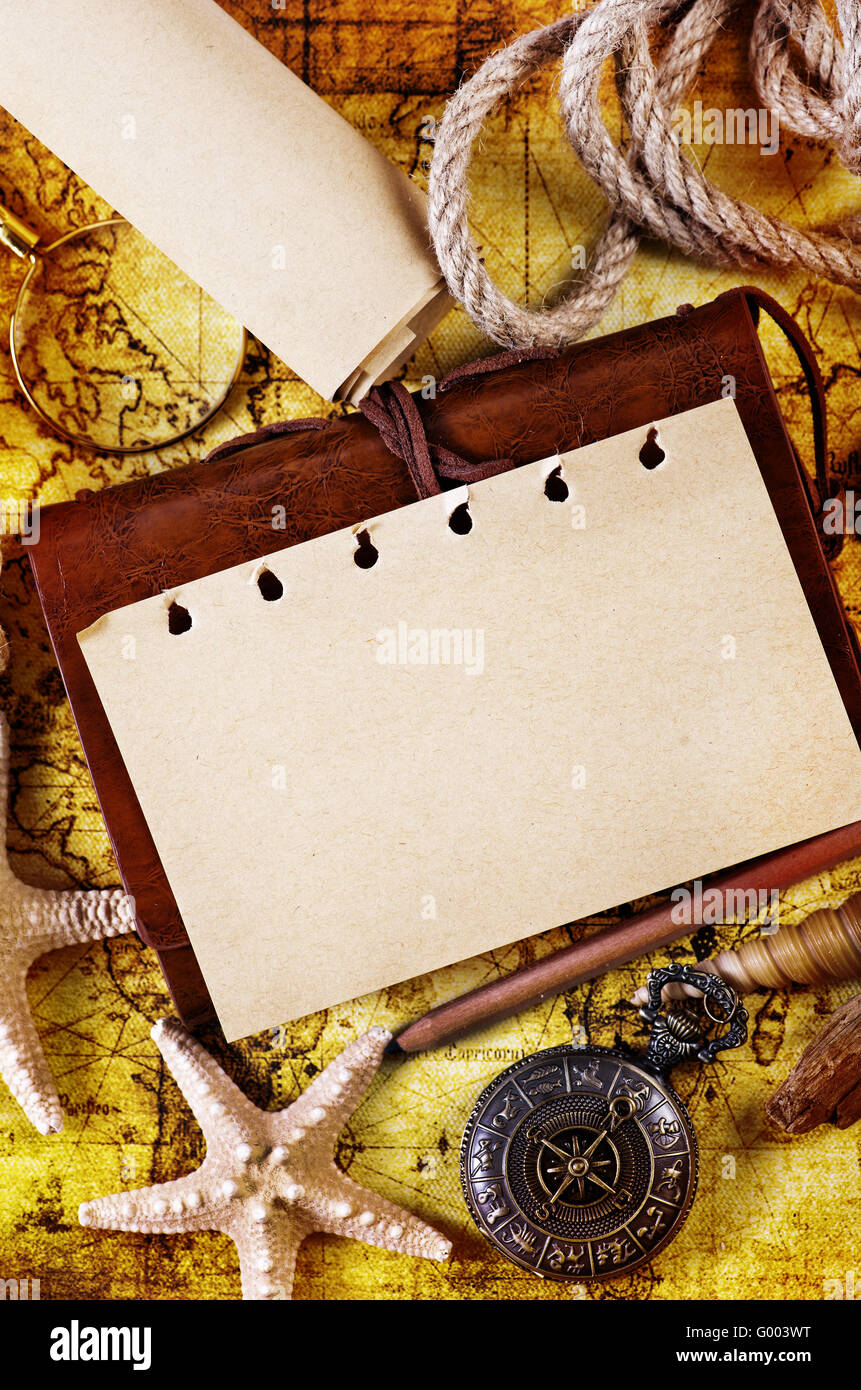 old notebook, loupe and compass on the map Stock Photo - Alamy