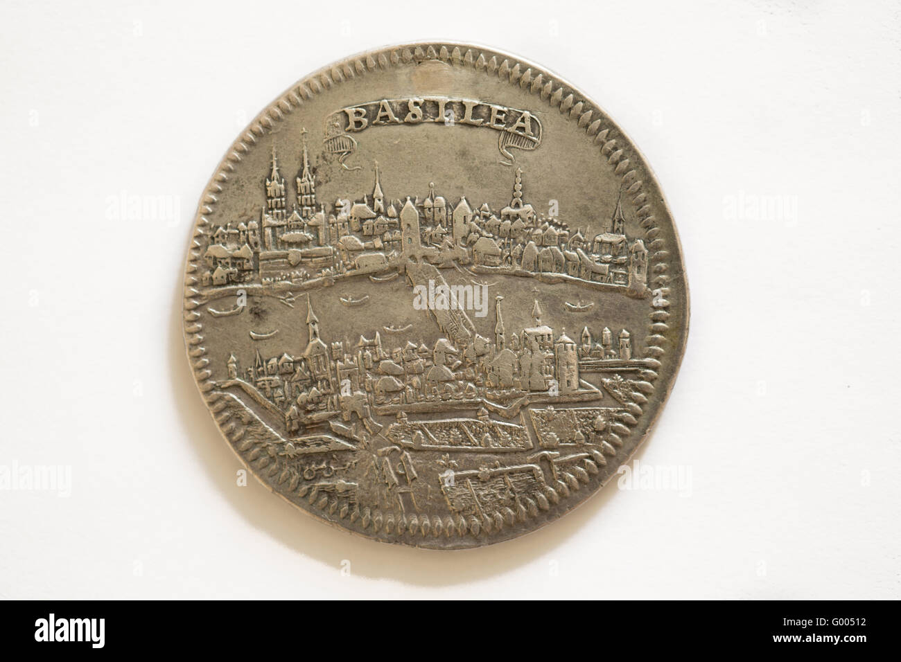 A close up photograph of a silver taler, Switzerland, city of Basel, without date, circa 1690. Stock Photo