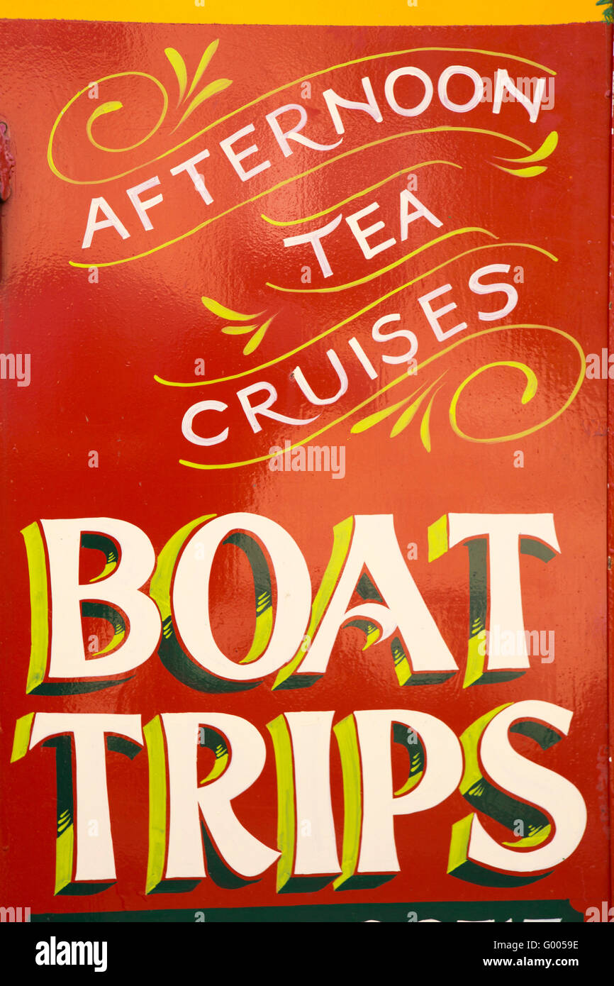 UK, England, Yorkshire, Calderdale, Hebden Bridge, Stubbing Wharf, Rochdale Canal Cruises narrowboat Gracie, afternoon tea sign Stock Photo