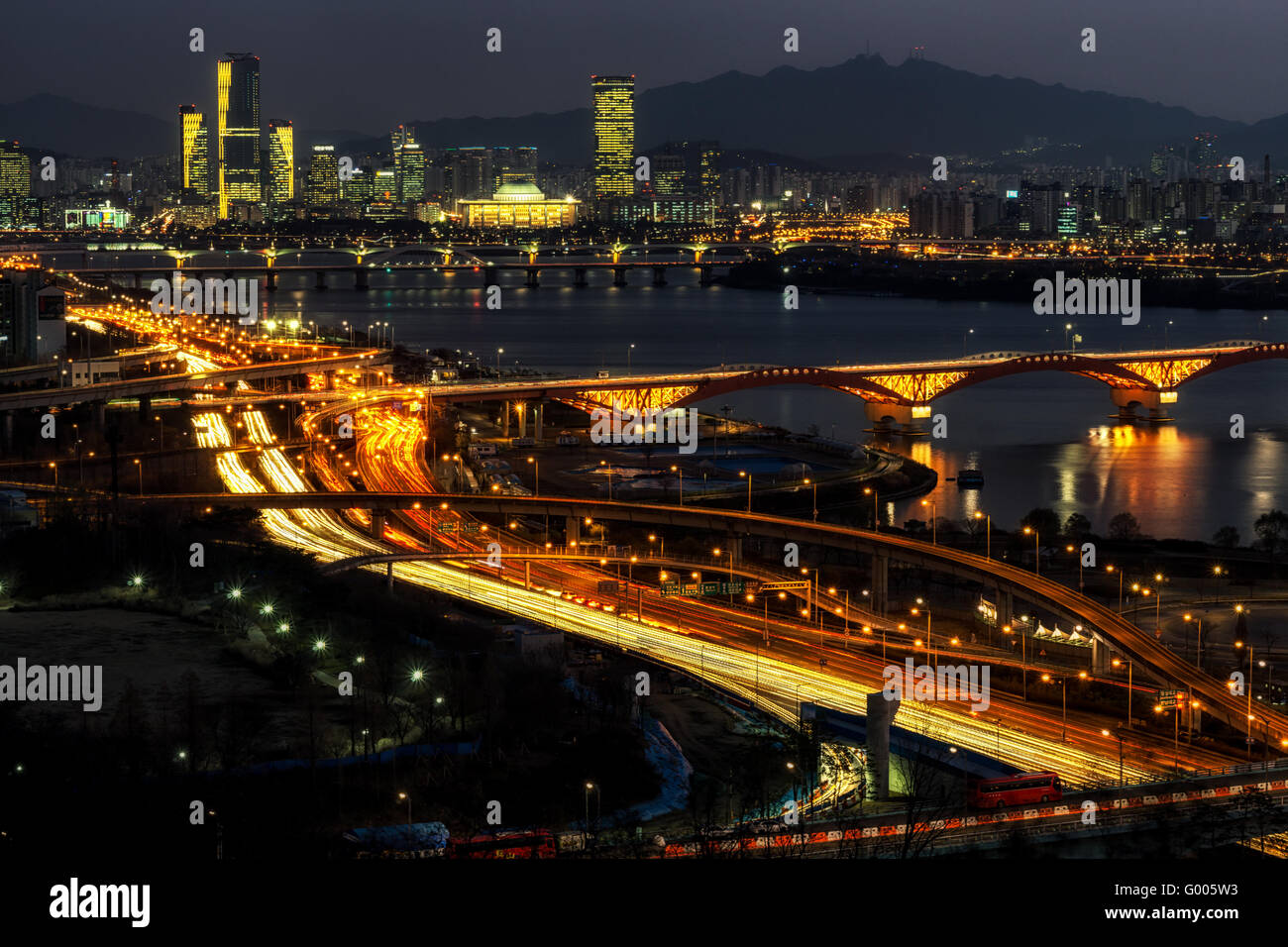 Night traffic over han river in seoul Stock Photo