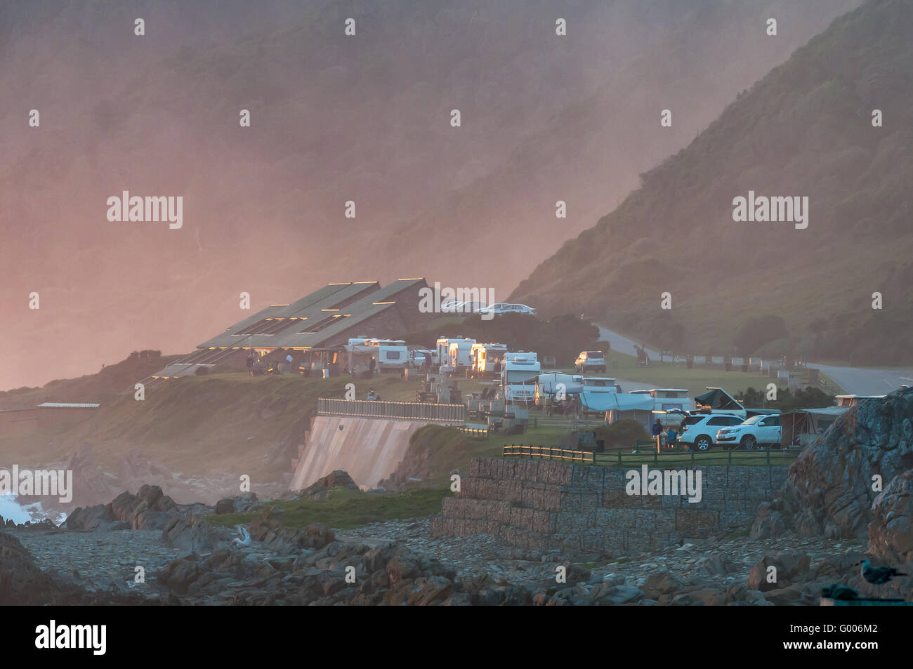 STORMS RIVER MOUTH, SOUTH AFRICA - MARCH 1, 2016:  Unidentified tourists at their caravans, motorhomes and chalets Stock Photo