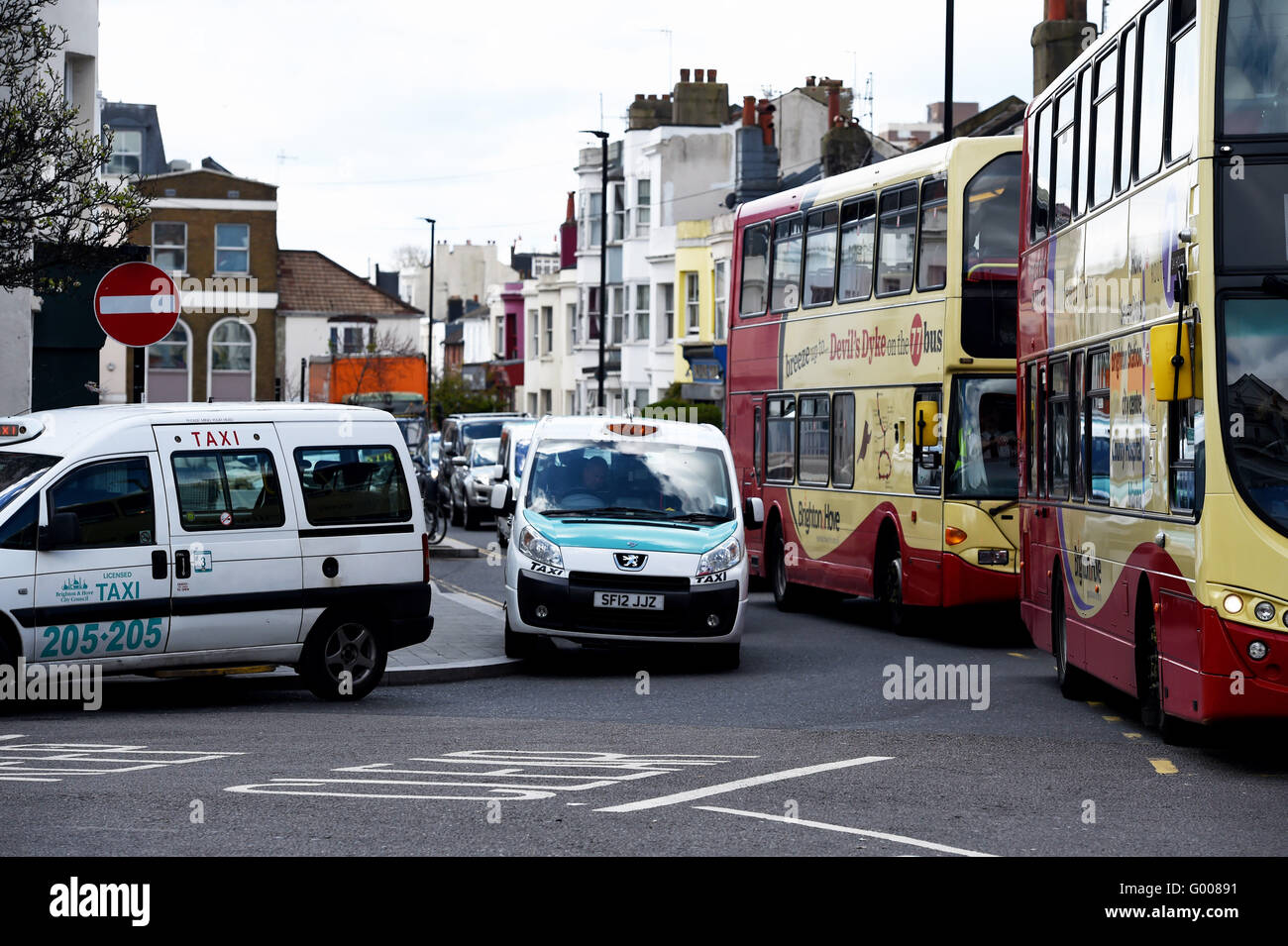 Bus and taxi congestion near the railway station in Brighton UK Stock Photo