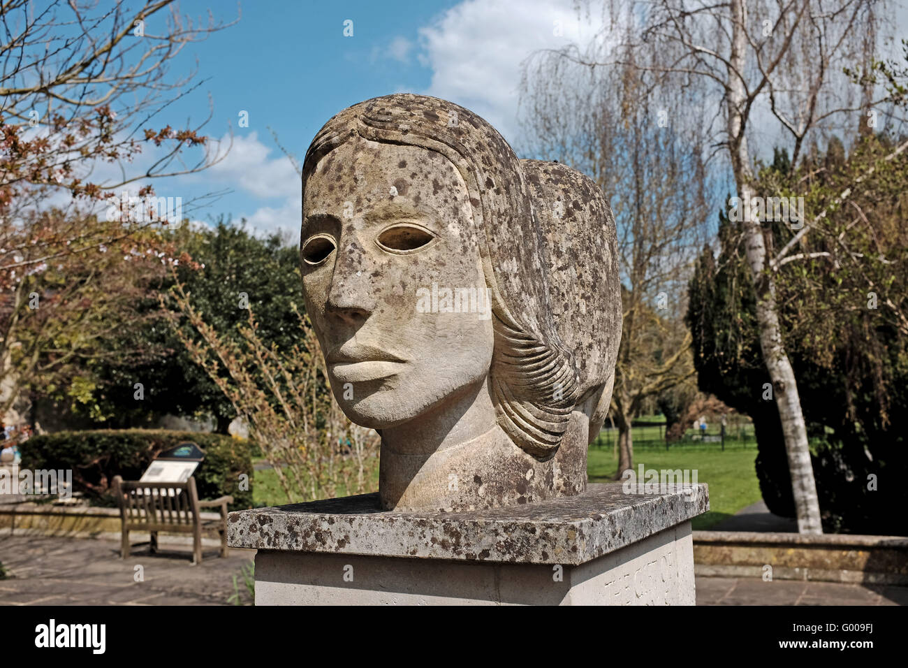 The Janus Head sculpture by John Skelton in the grounds of Southover