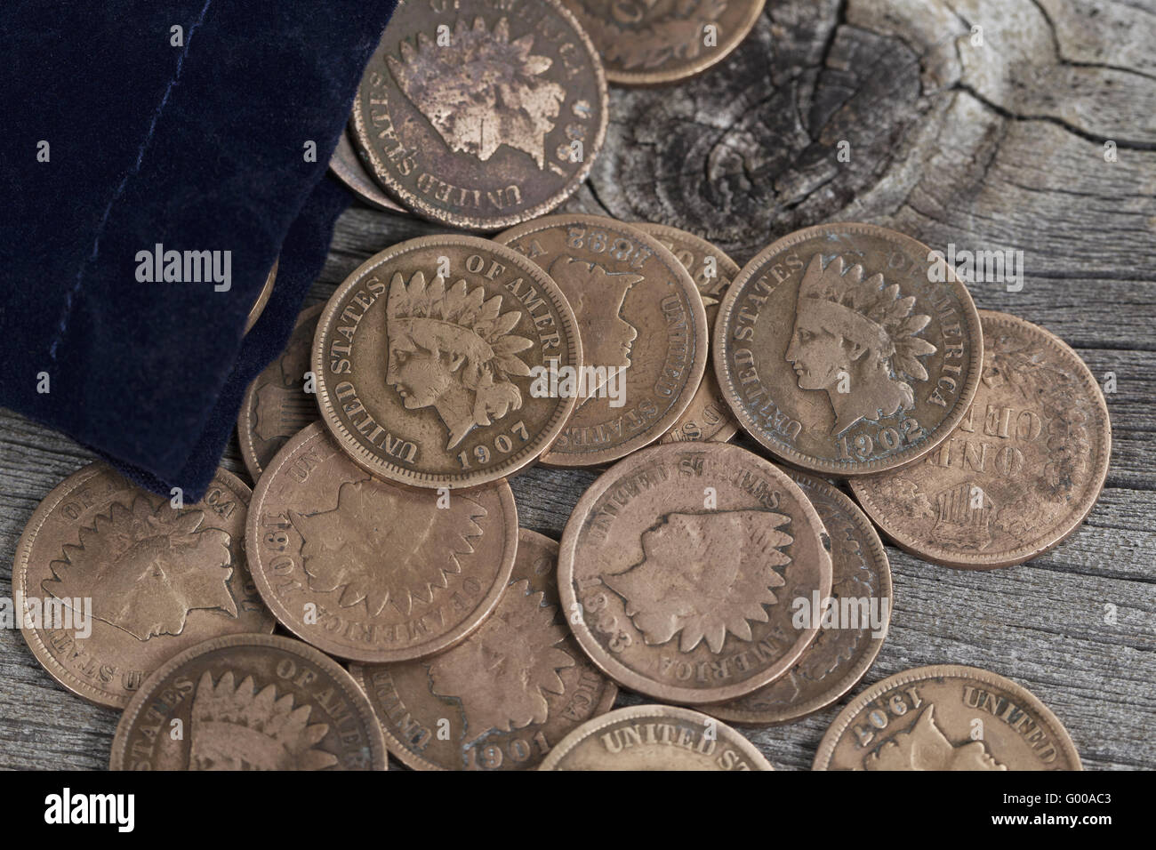 Bag of Vintage Coins on old wood Stock Photo Alamy