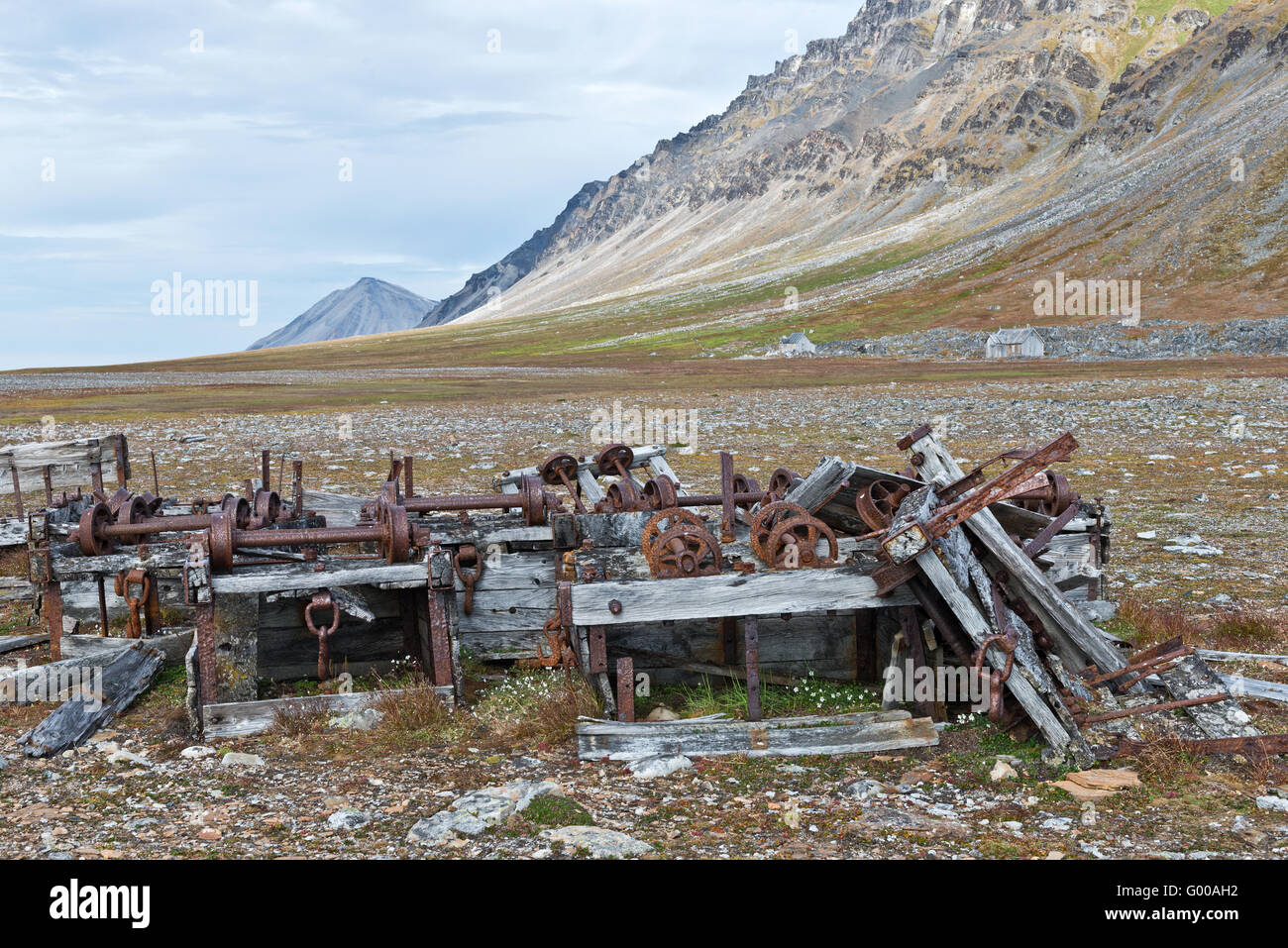 A pile of old wooden trucks from the abandoned goldmines at Ingeborgfjellet on Spitsbergen, Svalbard Stock Photo