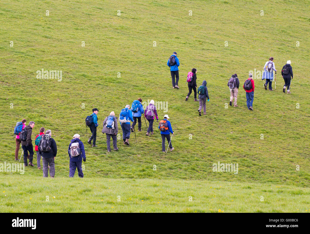 A group of walkers in a field near Cardington in Shropshire, England, UK. Stock Photo
