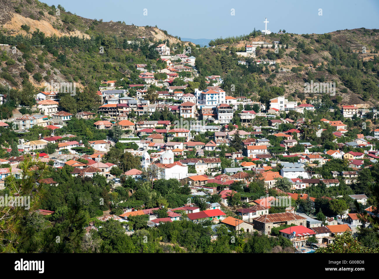 Famous picturesque Mountain Village resort of Pedoulas in Nicosia district  at Troodos mountains in  Cyprus. Stock Photo