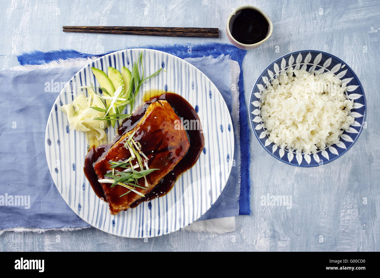Salmon Teriyaki with Vegetable and Rice Stock Photo