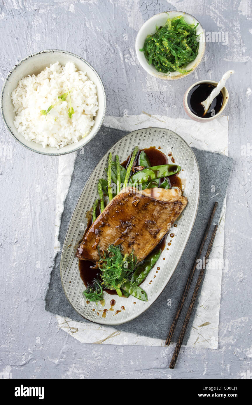 Salmon Teriyaki with Rice and Vegetable Stock Photo