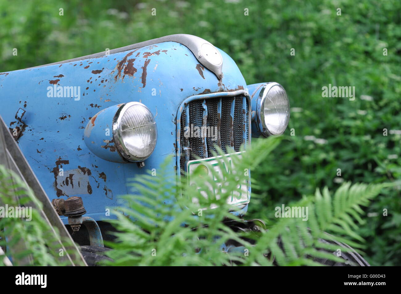 Nostalgic tractor in a meadow. Stock Photo