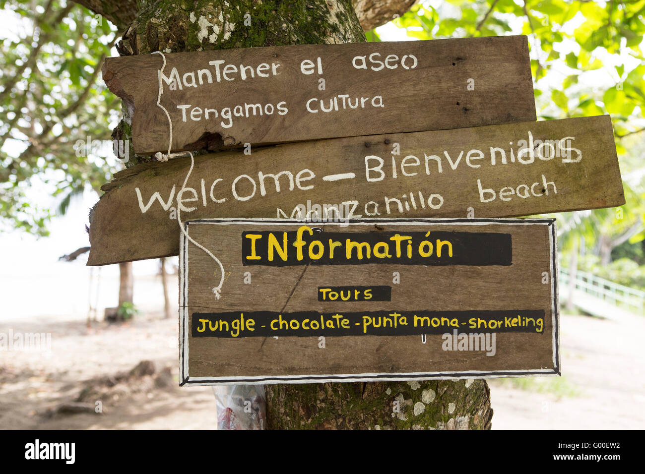 Welcome signs at Manzanillo Beach in Costa Rica. The beach is near Puerto Viejo in the country's Limon Province. Stock Photo