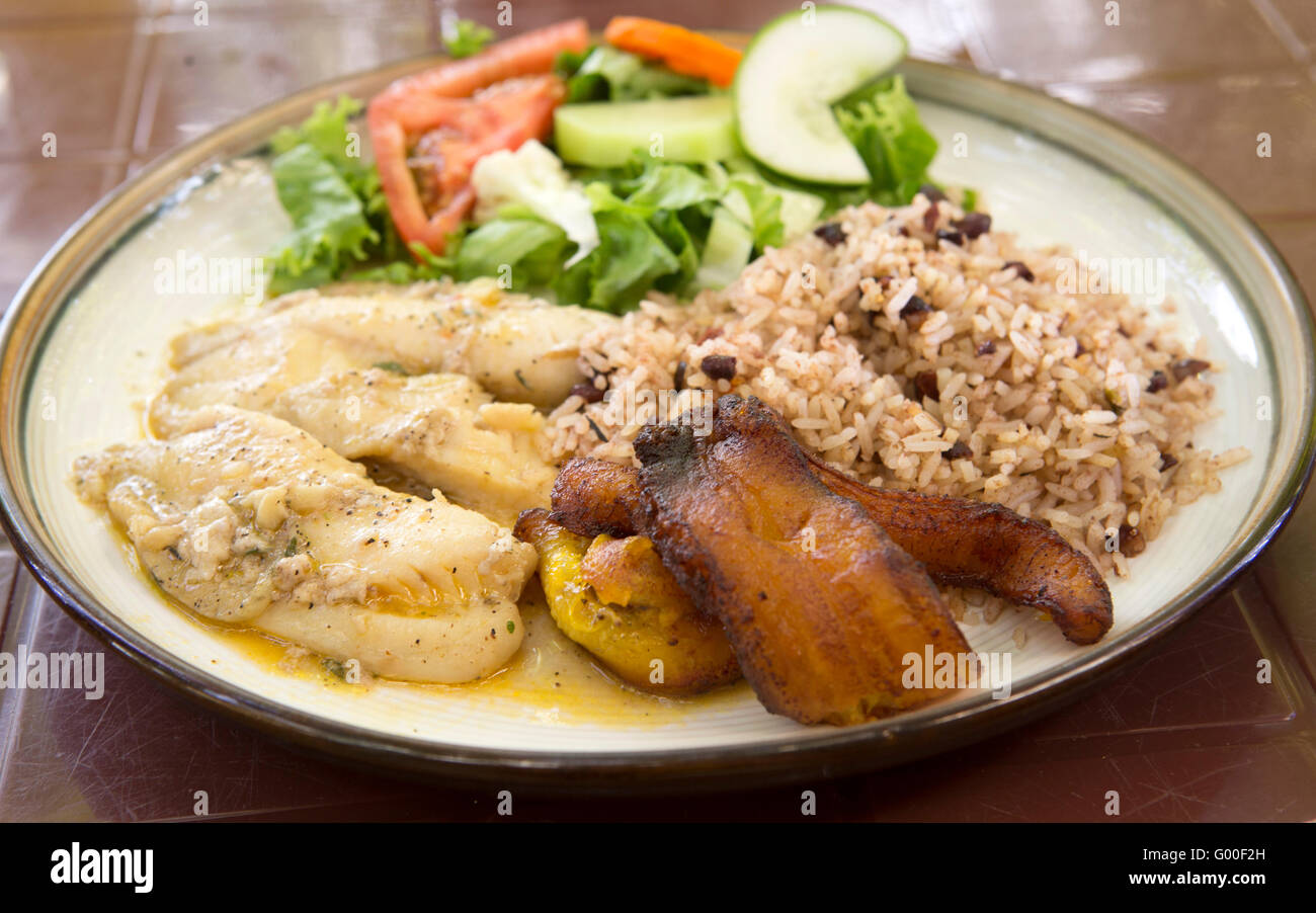 Cooked plantain served with coconut rice and fresh fish in Cahuita ...
