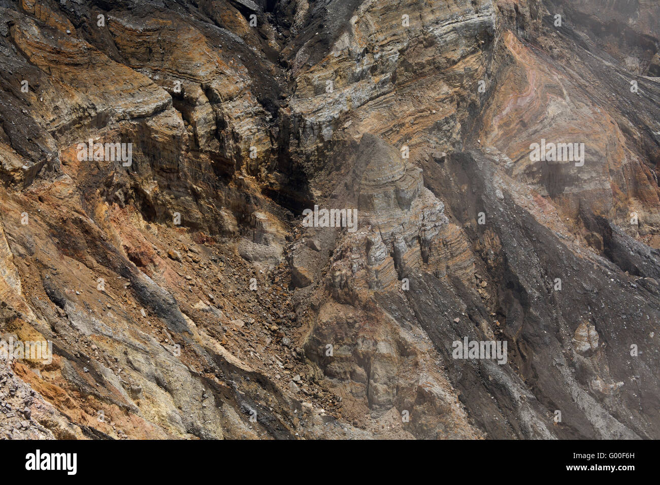 Stratified, mineral-rich rock in the crater of Poas Volcano in Poas ...