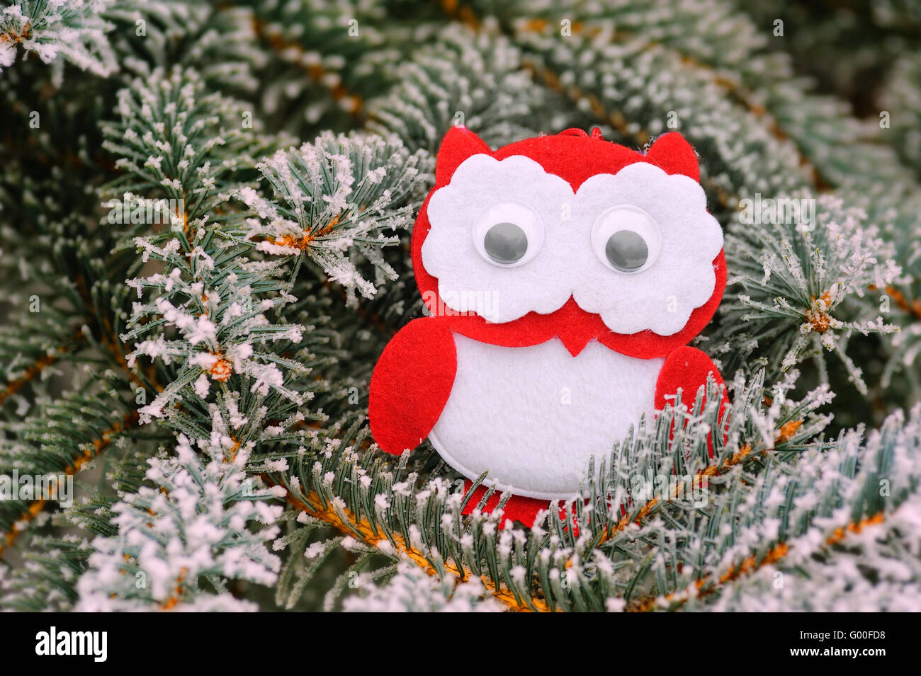 Christmas owl on a snowy tree in winter Stock Photo
