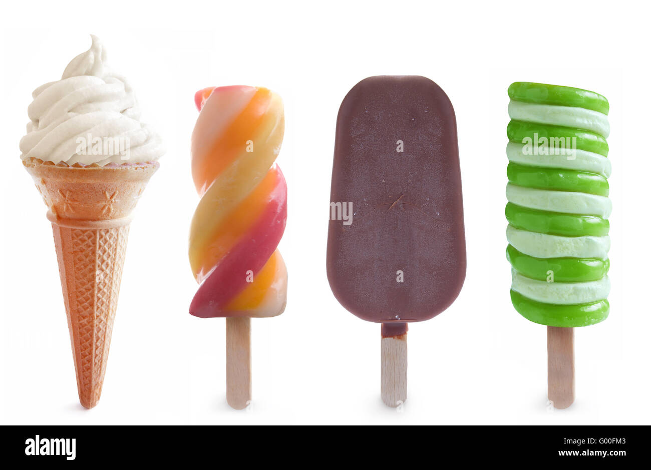 Selection of frozen ice lollies and ice cream over a white background