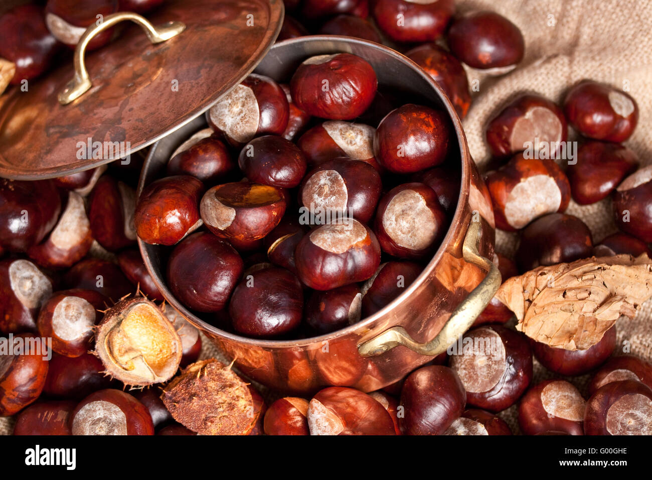 Chestnuts and copper kettle, autumn concept image Stock Photo