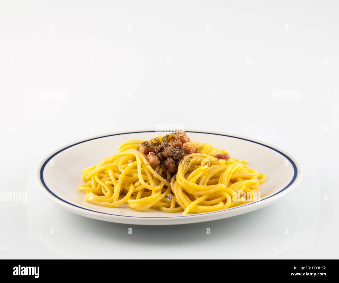 spaghetti with a bacon, egg and cheese sauce and a bit of pepper Stock Photo Alamy