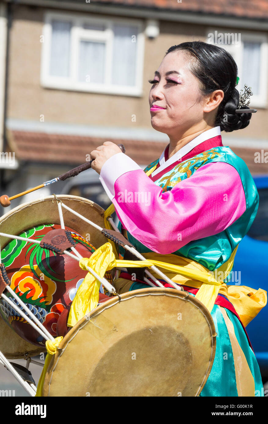 Musician with drum from South Korea in traditional costume. Stock Photo