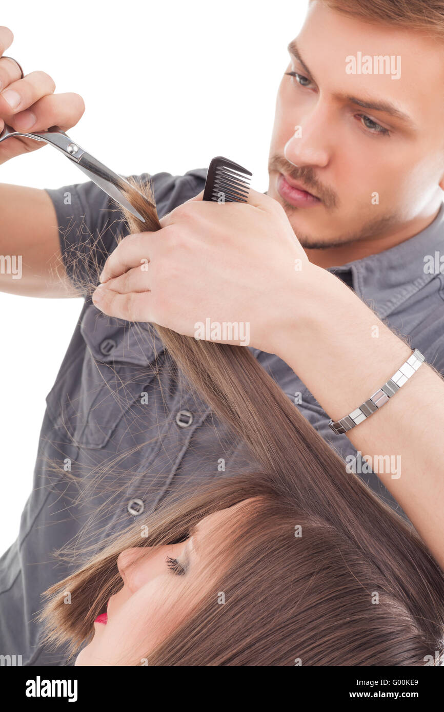 Professional hairdresser with long hair model Stock Photo Alamy