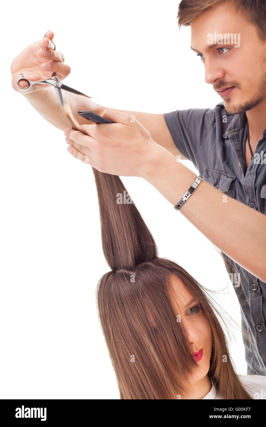 Professional Hairdresser With Long Hair Model Stock Photo