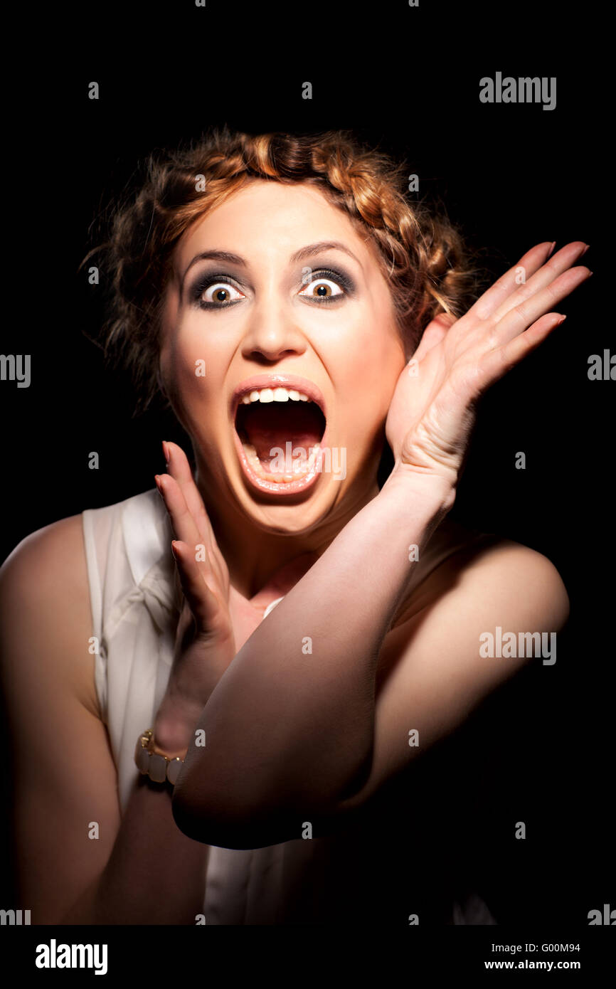 Face of a young shocked woman. Stock Photo