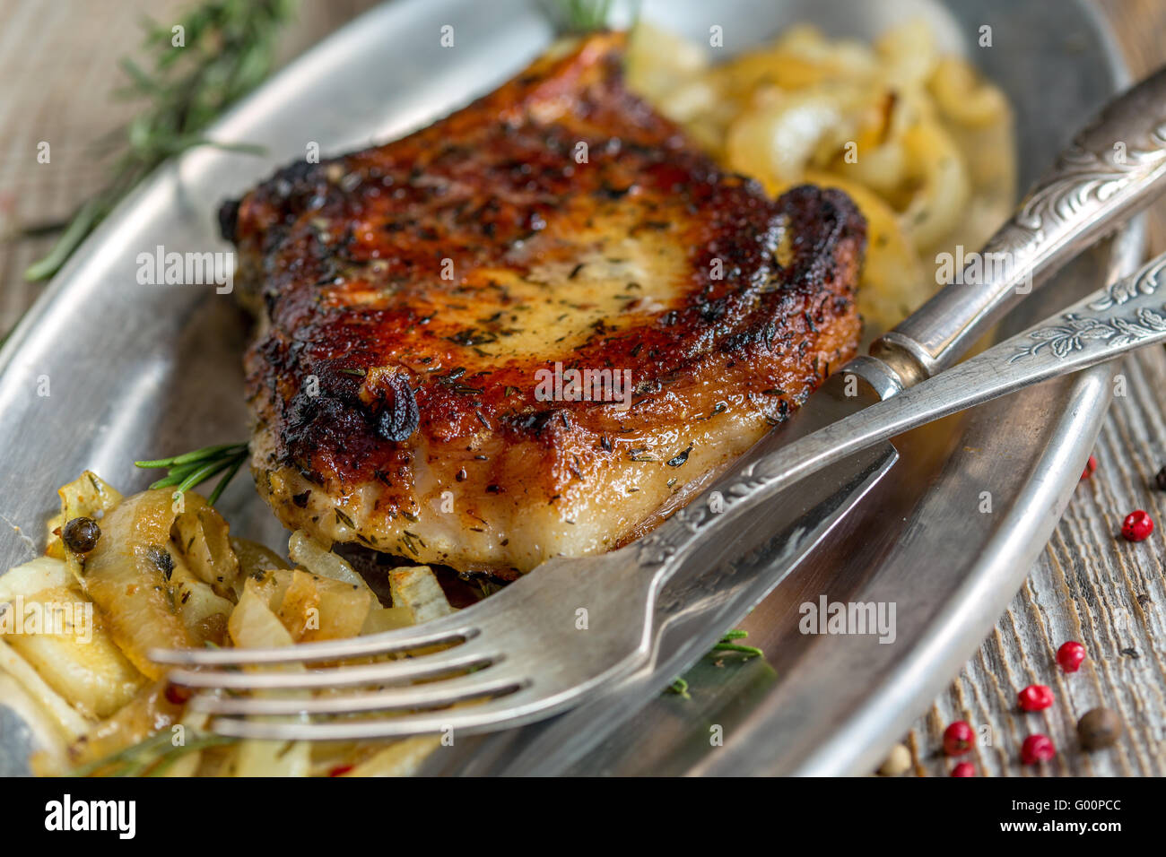 Pork chop with bone close-up. Stock Photo