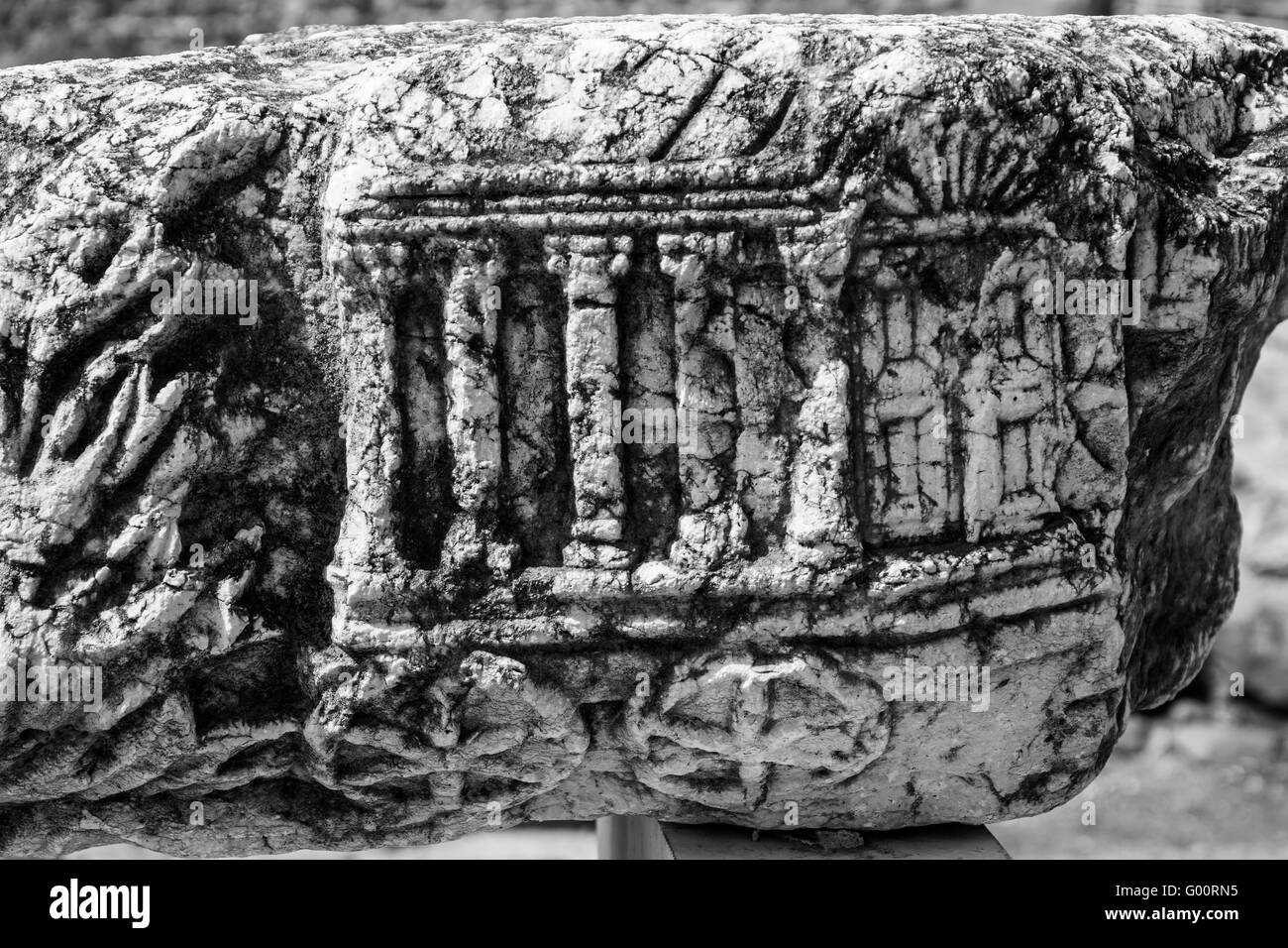 Ark of the Covenant, transport of? Or simply a Roman rheda Carruca?Petrograph from ancient Capharnaum/Capernaum, Galilee,Israel Stock Photo