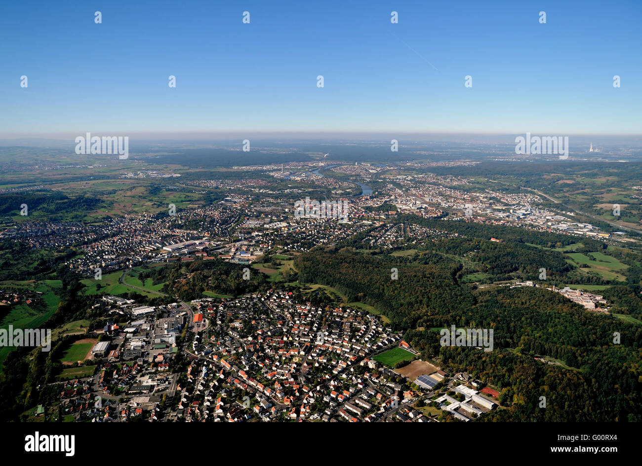 Aerial view of Aschaffenburg with districts Stock Photo