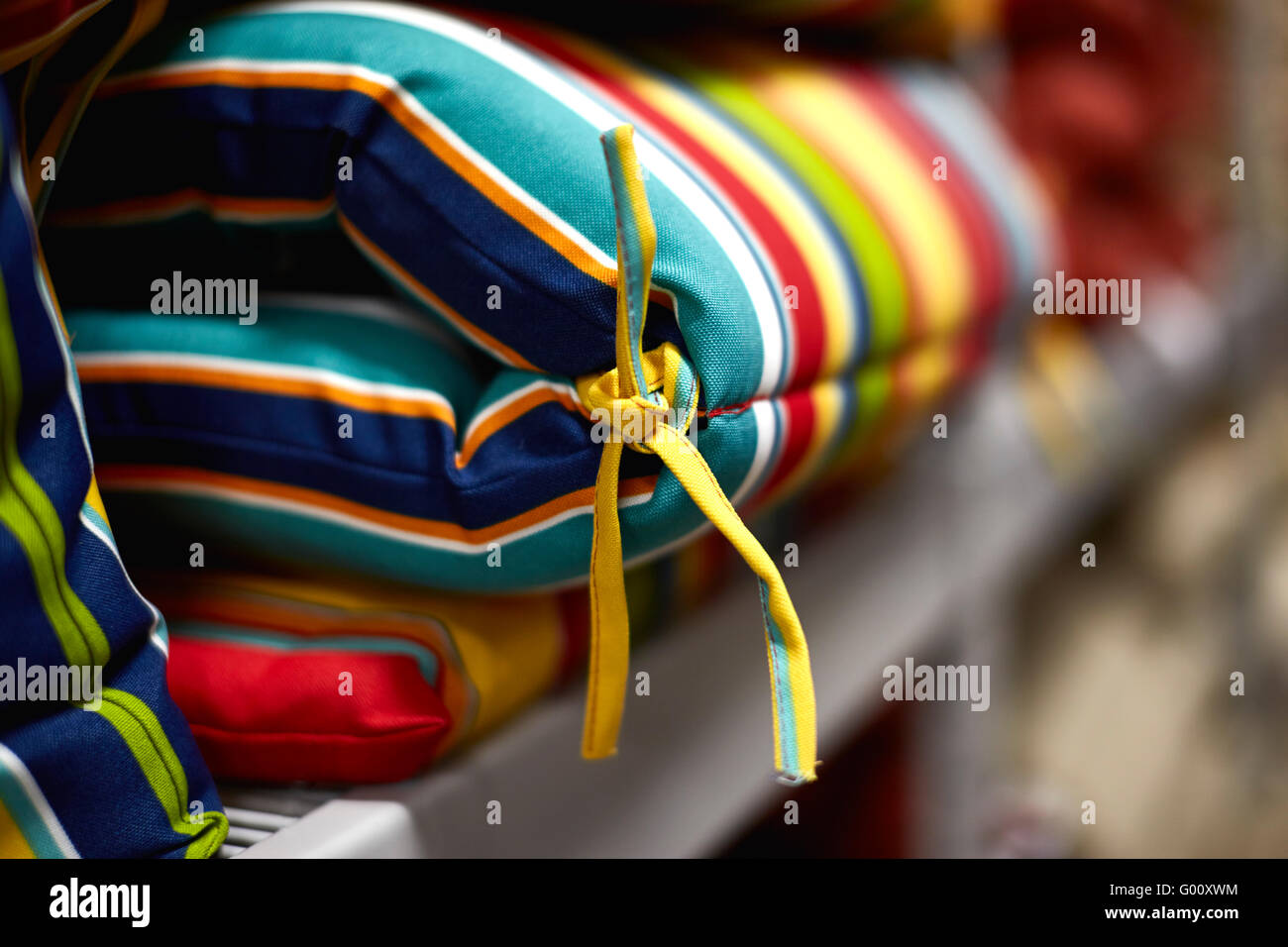 Striped Patio Chair Cushion Tie With Shallow Depth Of Field Stock