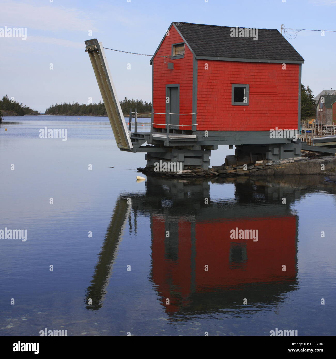 raised fishing shack at Stonehurst, Nova Scotia Stock Photo