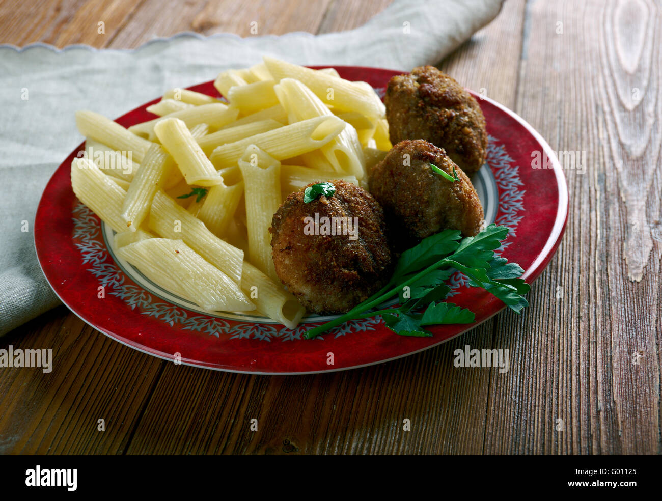 Veal Polpette  and pasta.Traditional Italian meatballs Stock Photo