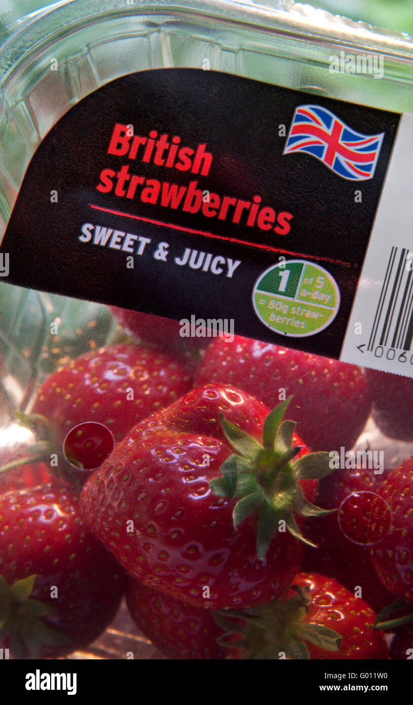 STRAWBERRIES PLASTIC SUPERMARKET  ' sweet and juicy ' British strawberries on display in clear plastic punnet container with Union Jack Flag motif Stock Photo