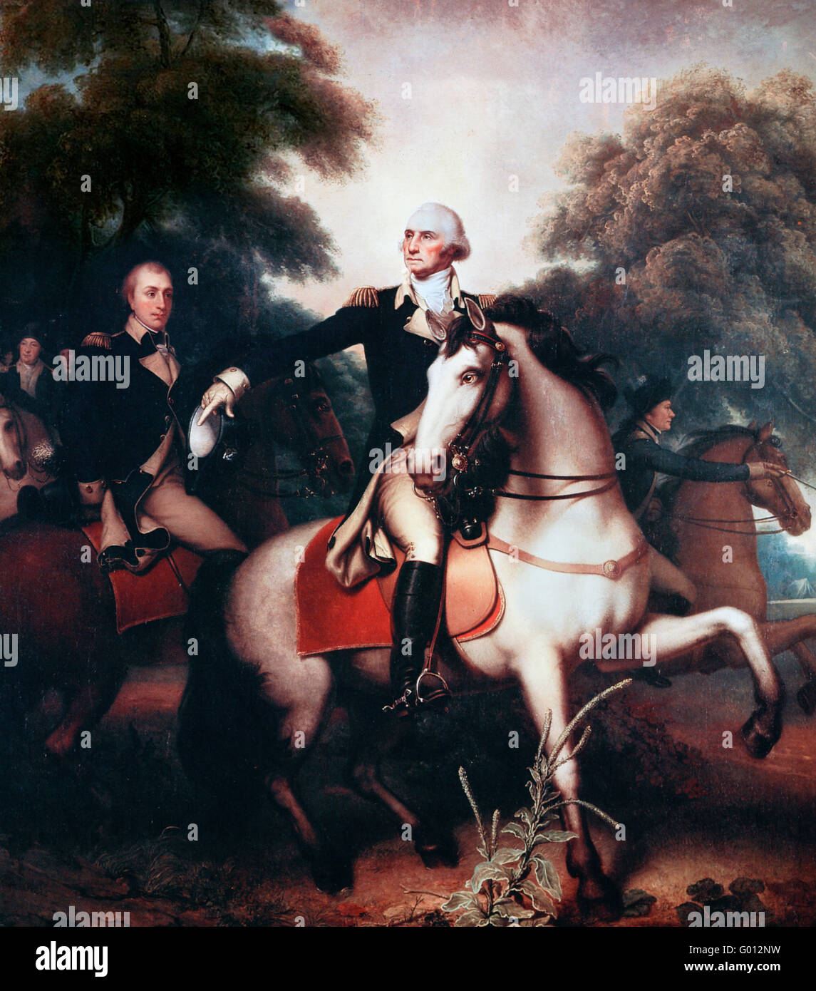 General George Washington in full dress uniform before the final battle of the Revolutionary War at Yorktown, Virginia in 1781. The figure to Washington's immediate right is the Marquis de Lafayette, and the three officers barely visible behind him are Compte de Rochambeau, Henry Knox and Benjamin Lincoln. Alexander Hamilton is the rider on the right of the picture. Reproduction of a painting by Rembrandt Peale. Stock Photo
