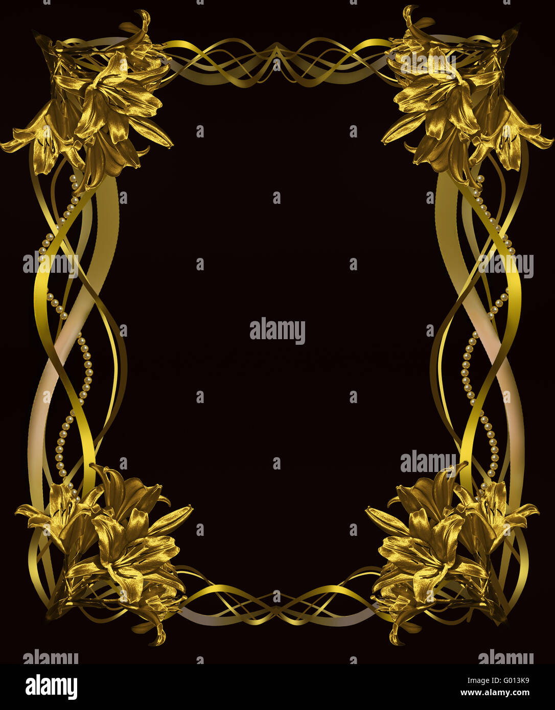 black background with frame of Golden lilies Stock Photo