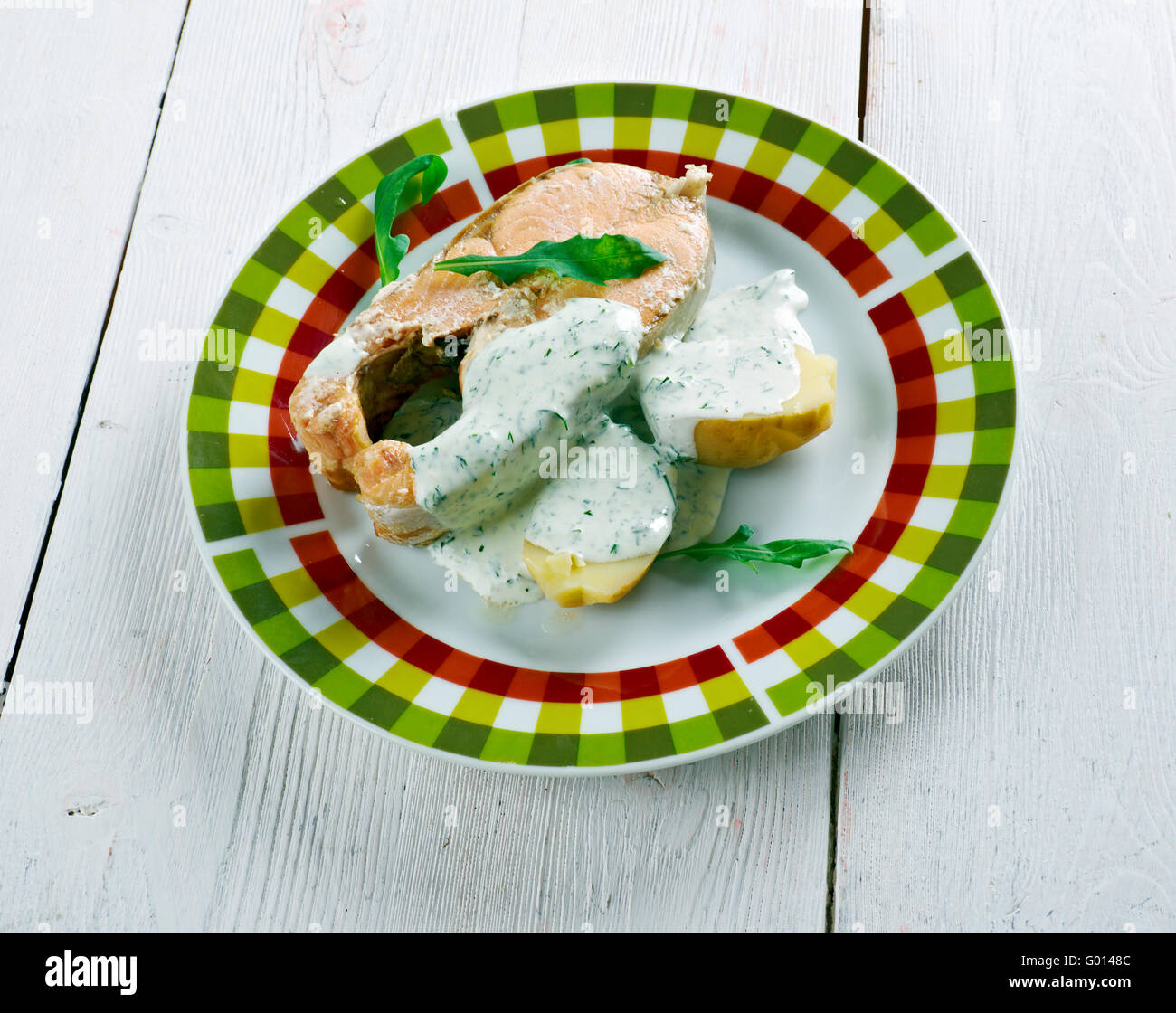 Poached salmon with vegetables Stock Photo Alamy