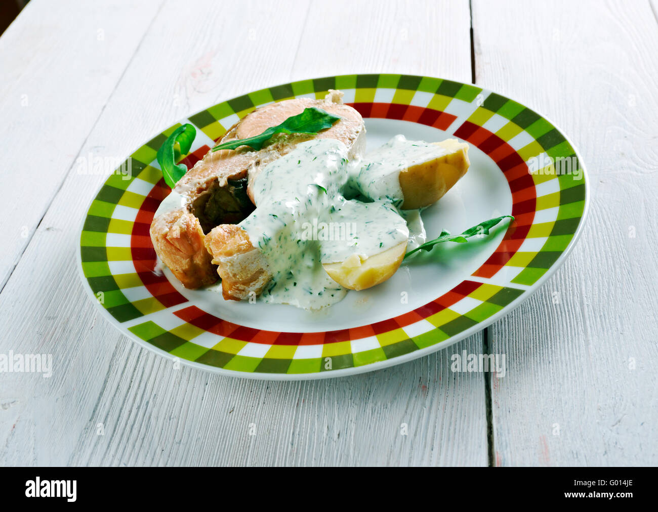 Poached salmon with vegetables Stock Photo Alamy