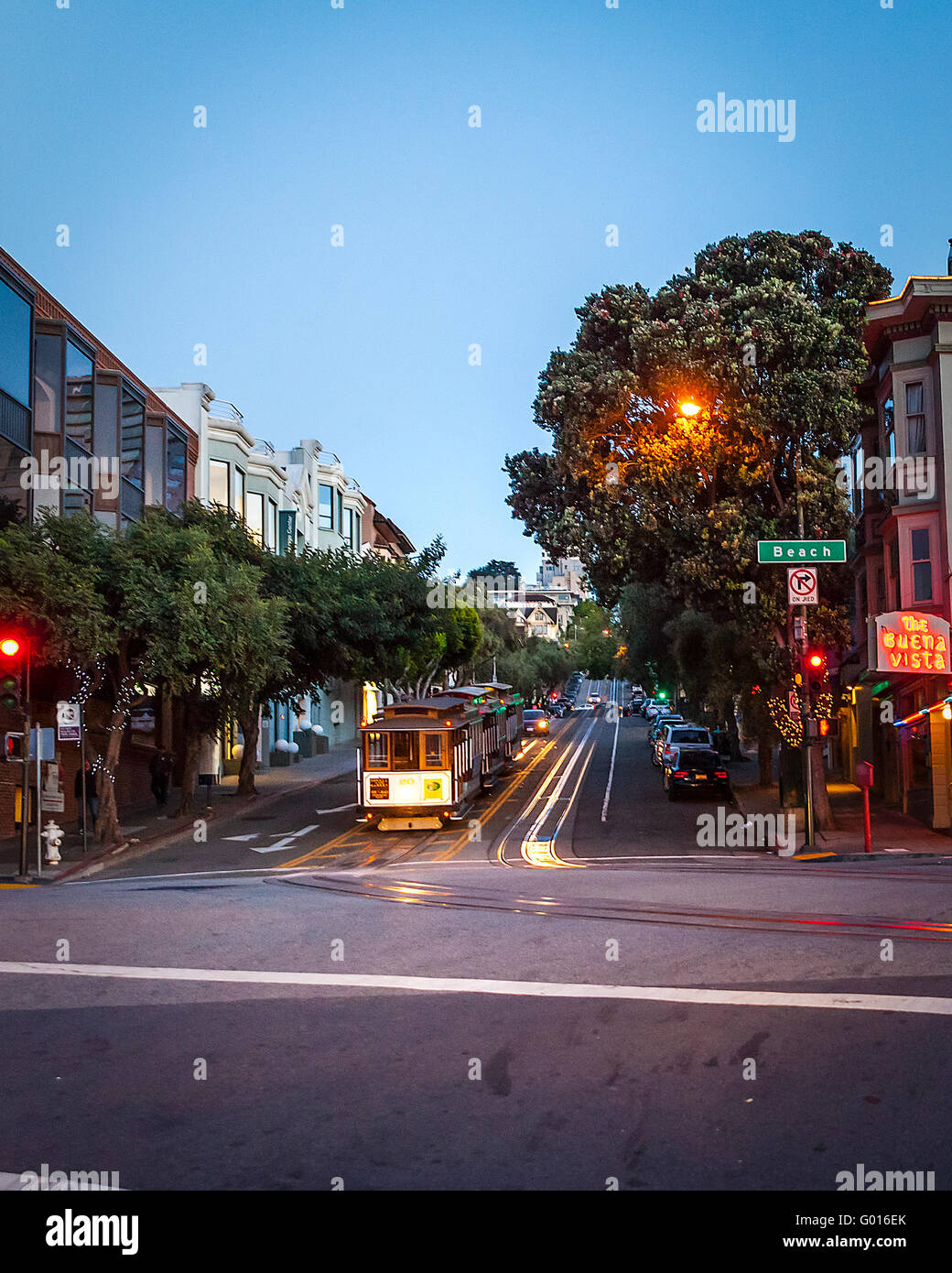 Hyde and Beach streets and the Buena Vista Cafe in San Francisco California with cable cars parked for the evening Stock Photo