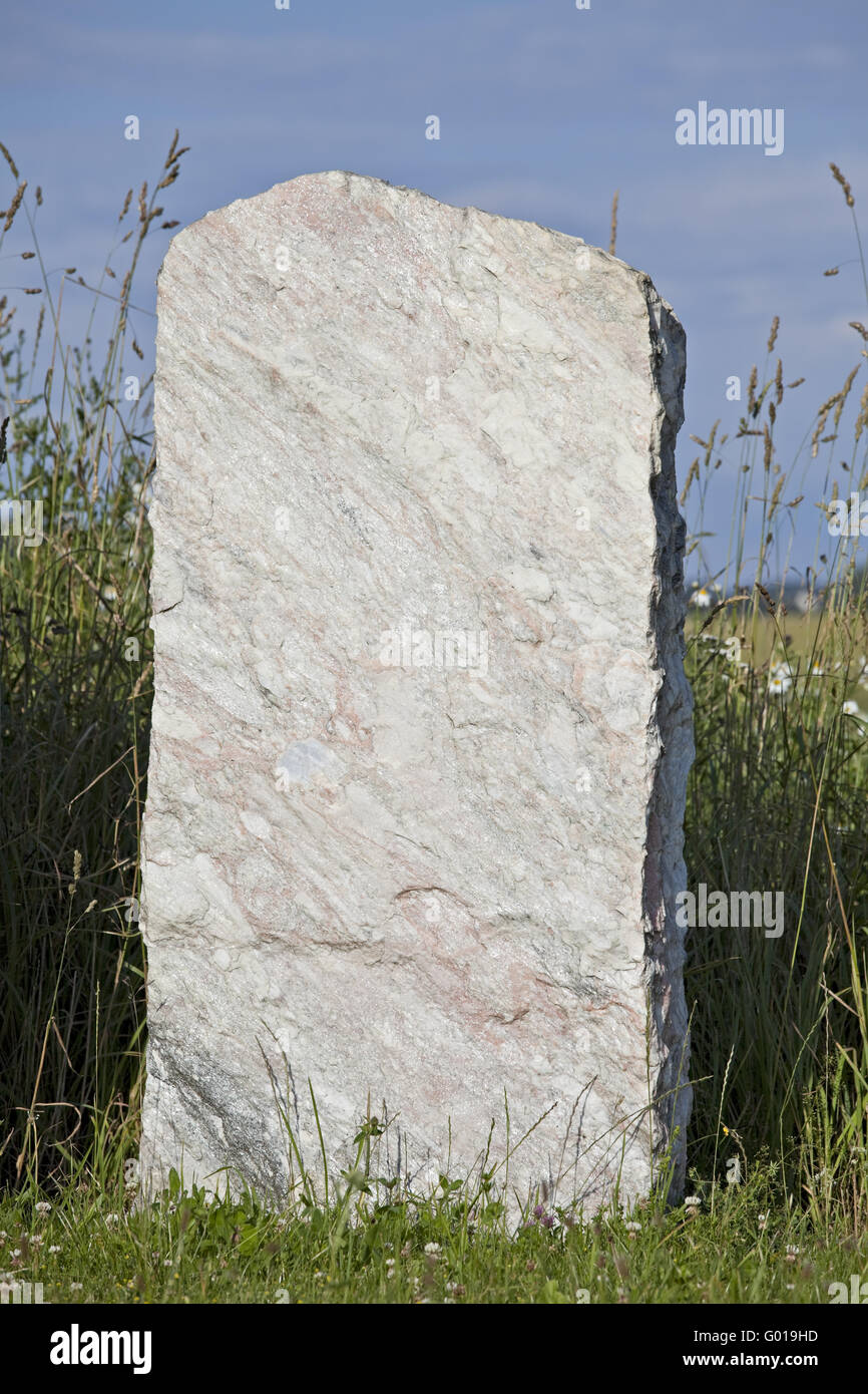 single empty granite gravestone on a grass meadow Stock Photo