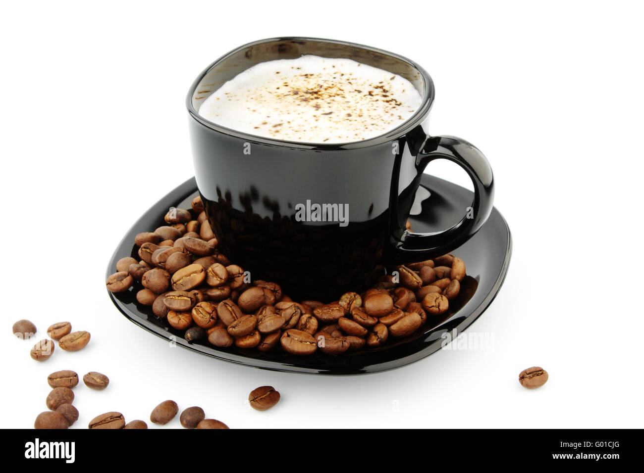 black cup of coffee and coffee beans isolated on white background Stock ...