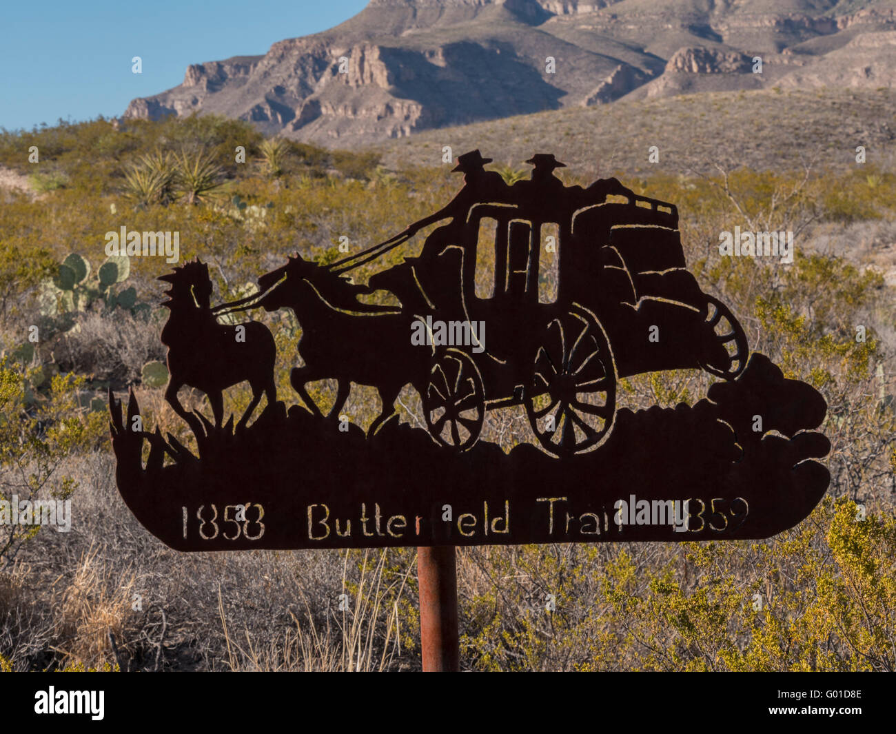 Butterfield Trail marker, Williams Ranch Road, Guadalupe Mountains National Park, Texas. Stock Photo