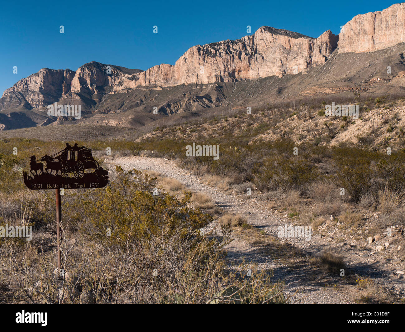 Butterfield Trail marker, Williams Ranch Road, Guadalupe Mountains National Park, Texas. Stock Photo