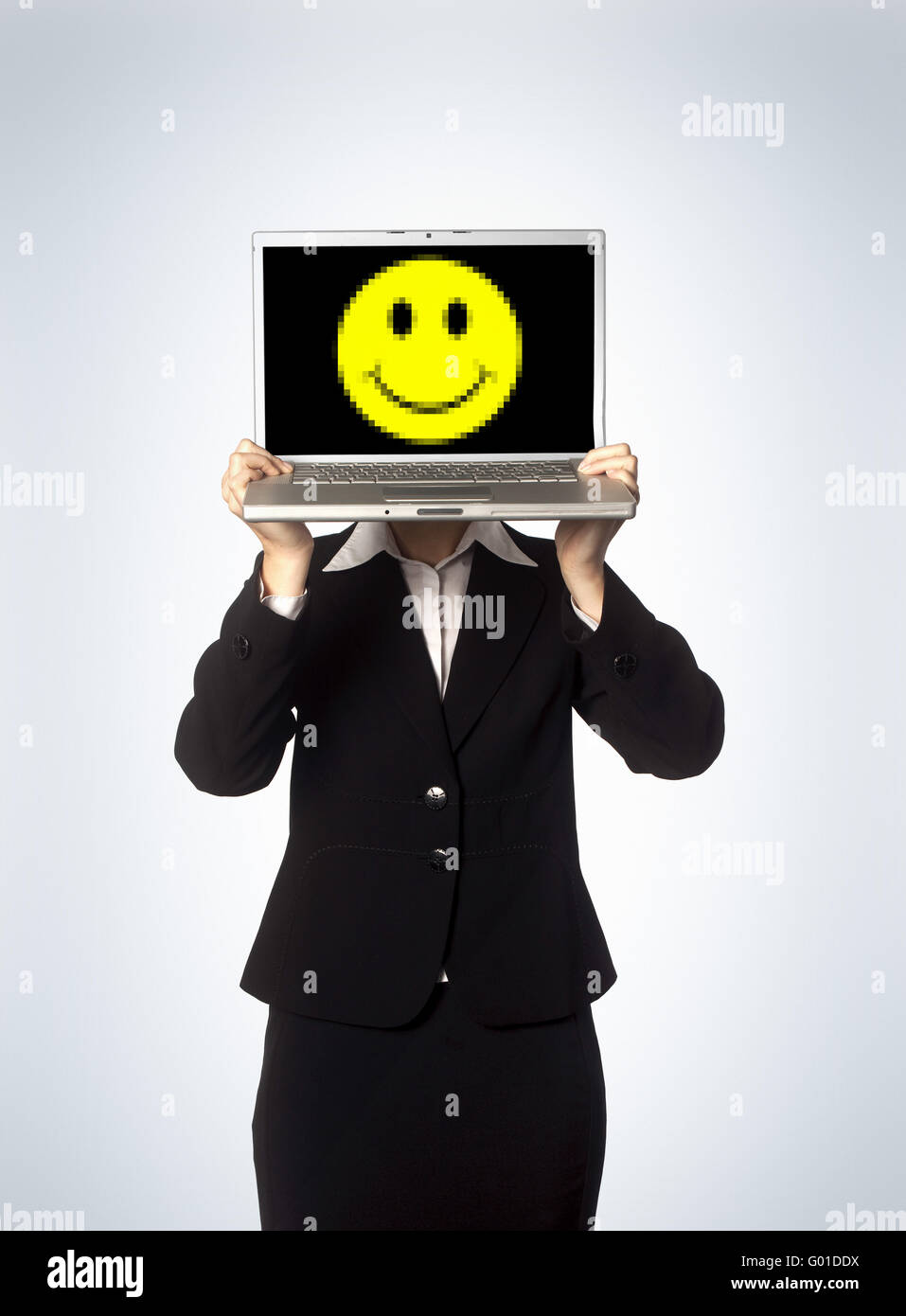 A female business woman holding a happy laptop Stock Photo - Alamy