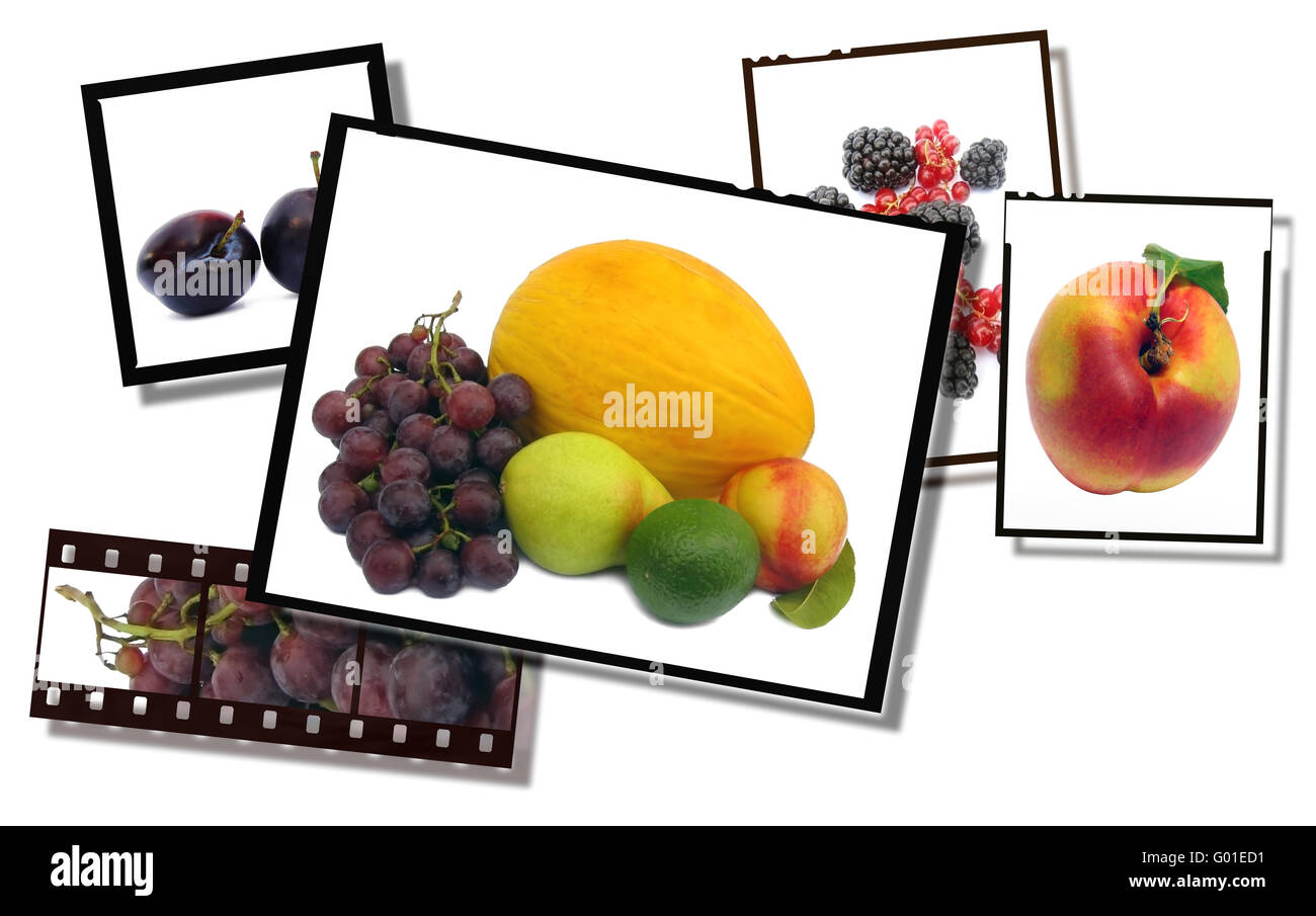 beautiful healthy food images, film strip and film plates on white background Stock Photo