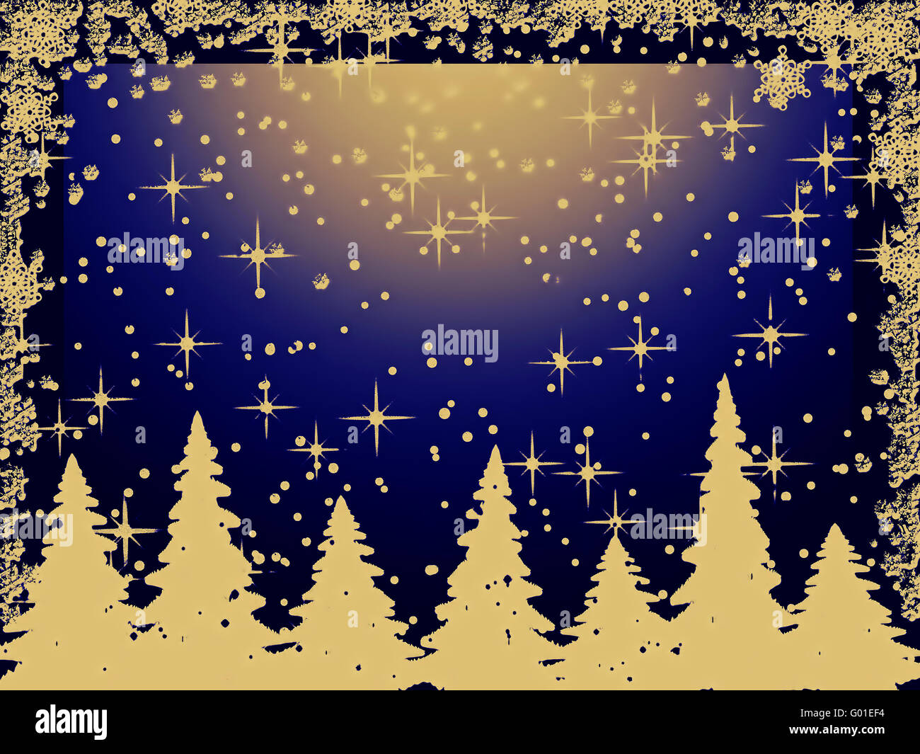 golden Christmas trees with snowflakes on blue background Stock Photo ...