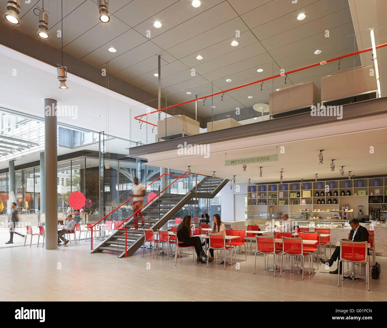 Ground floor restaurant with mezzanine. Central Saint Giles, London, United Kingdom. Architect: Renzo Piano Building Workshop, 2015. Stock Photo