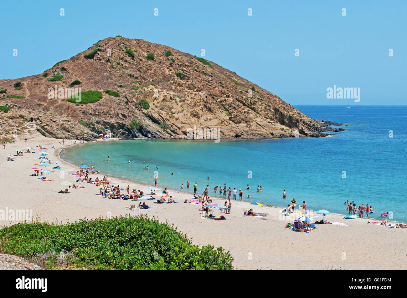 Menorca, Balearic Islands, Spain: panoramic view of the beach of Cala Mesquida with a sandy surface and surrounded by vegetation Stock Photo
