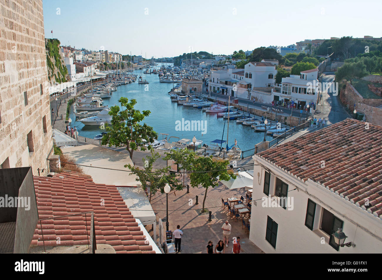 Menorca, Balearic Islands, Spain, Europe: skyline and panoramic view of the port and the ancient walls of Ciutadella, the former capital city Stock Photo