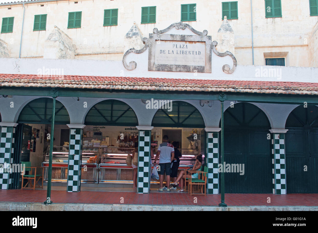 Menorca, Balearic Islands: the market arcades of Plaza de la Libertad, one of the most representative squares of Ciutadella Stock Photo