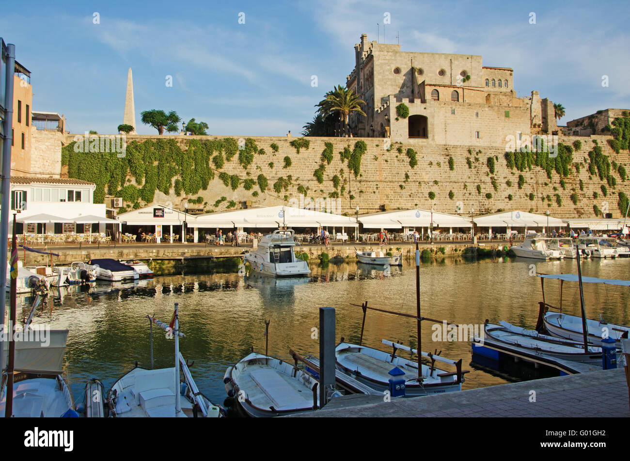 Menorca, Balearic Islands, Spain, Europe: skyline and panoramic view of the port and the ancient walls of Ciutadella, the former capital city Stock Photo
