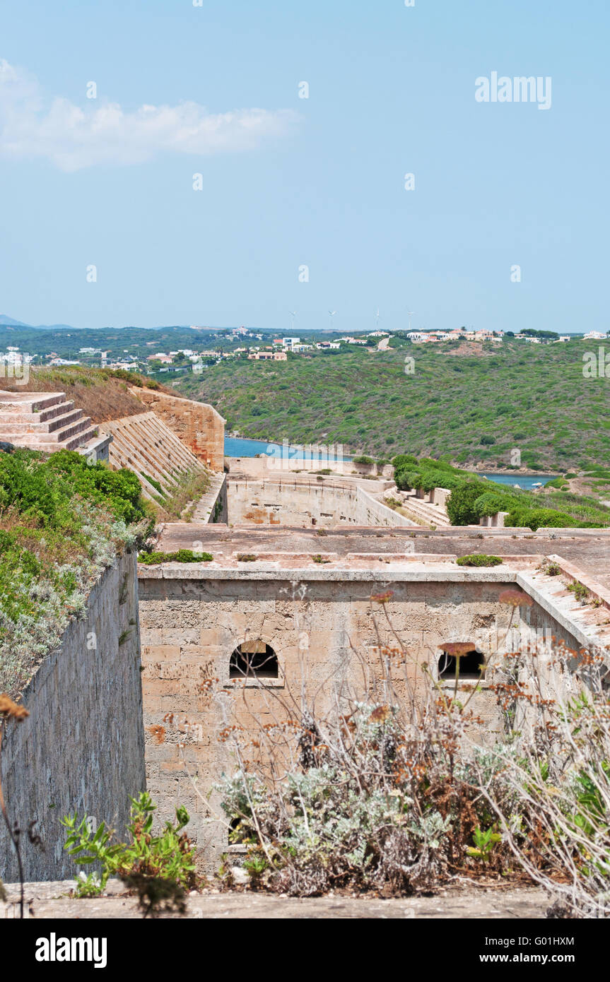 Menorca: view of Fortaleza de La Mola, the Fortress of Isabel II, a military complex on the peninsula of La Mola, at the entrance of the port of Mahon Stock Photo